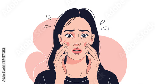 Stressed young woman looking into a mirror and touching acne or red blemishes on her cheeks in a flat vector illustration.