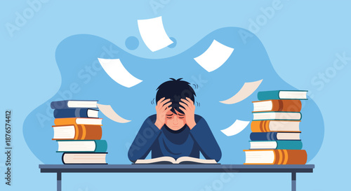 Overwhelmed student sitting at a desk with his head in his hands surrounded by stacks of books and floating papers.