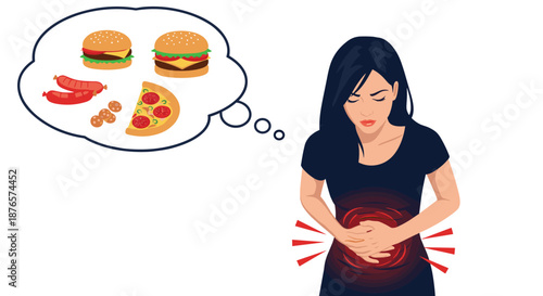 Young woman suffering from stomach ache while thinking about unhealthy fast food options like pizza and burgers in a vector style.
