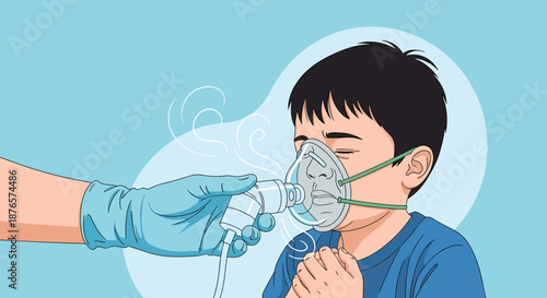 Young boy receiving respiratory treatment through a nebulizer mask held by a healthcare professional wearing blue gloves.