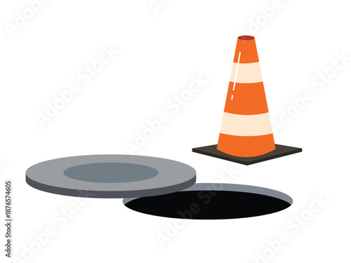 Maintenance works, open sewer hatch indicated with a traffic cone