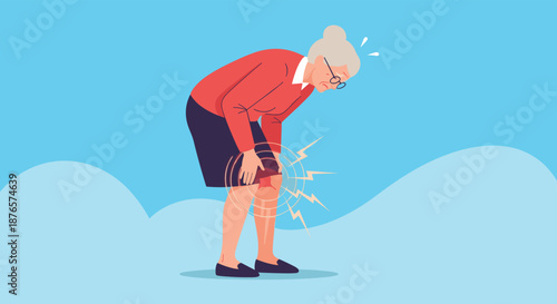 Elderly woman bending over and clutching her painful knee which is highlighted by a radiating red circle and lightning bolts.