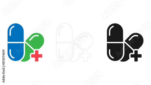 Medicine health treatment icons set colorful, solid, and line capsules