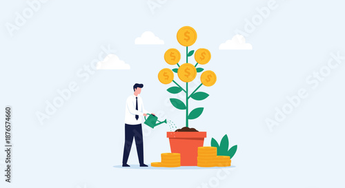Businessman watering a growing money tree in a pot symbolizing financial investment, growth, and prosperity in a flat vector style.