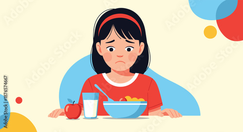 Young girl looking unhappy while sitting at a table with a healthy breakfast consisting of cereal, milk, and a red apple.