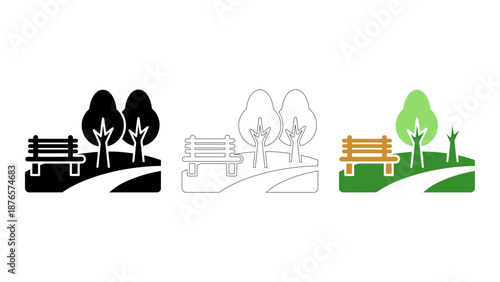Park icon set outdoor space nature relaxation with bench vector tree set - multiple styles