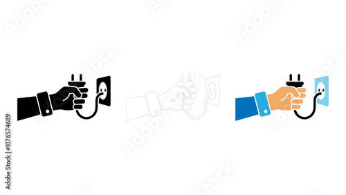 Plugging in electrical plug into power outlet for device connection and energy supply icon set