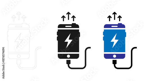 Phone charging and mobile charging icon set for smartphone battery power status. essential vector graphics.