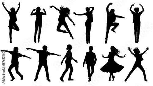 Collection of dynamic black silhouettes showcasing diverse people jumping, dancing, and posing freely