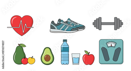 Diverse collection of health and fitness icons including a heart rate, sneakers, dumbbells, water, fruits, and a weight scale.