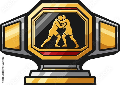 Golden Championship Belt with Wrestling Silhouette Symbol of Victory and Athletic Achievement trophy