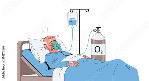 Elderly patient resting in a hospital bed with an oxygen mask and intravenous drip receiving medical treatment in a clinic.