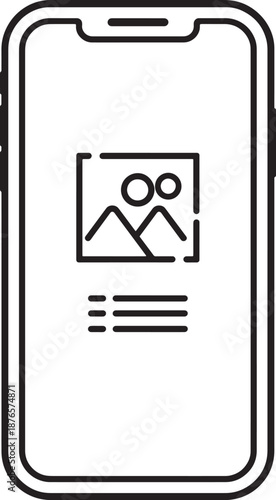 Black and white outline icon of a smartphone displaying a photo with two circles and text content with a circular button at the bottom Keywords: smartphone, icon, mobile phone, device, screen