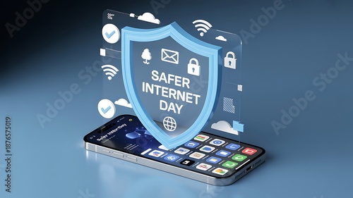 Safer internet day concept with shield and smartphone icons