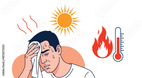 Man sweating heavily and holding a towel to his head under a scorching sun with symbols of fire and a high temperature gauge.
