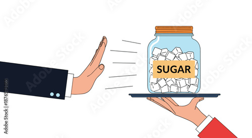 Person in a suit making a stop gesture with their hand to reject a tray holding a jar filled with white sugar cubes.