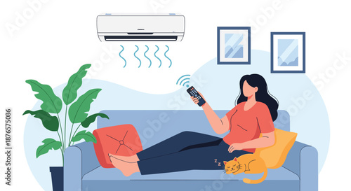 Woman relaxing on a blue sofa while controlling a wall-mounted air conditioner with a remote control in a cozy living room.
