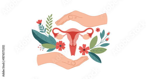 Illustration of a human uterus surrounded by vibrant flowers and being gently cupped by protective hands for women health.