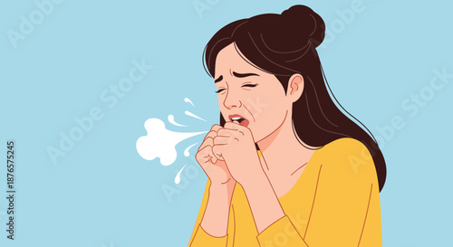 Young woman with brown hair coughing into her hands with a white puff representing symptoms of cold or flu in a vector style.