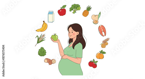 Pregnant woman stands happily surrounded by various healthy food icons like fruits and vegetables, emphasizing prenatal nutrition.