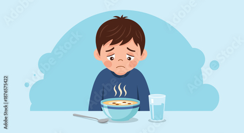 Sad young boy sits at a table with a bowl of hot soup and a glass of water, looking unwell and lacking an appetite due to illness.