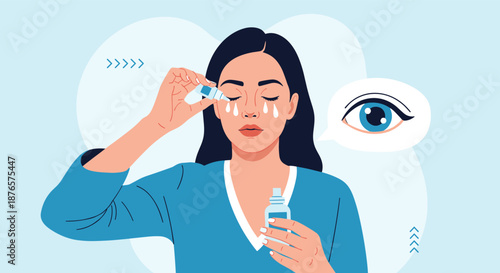 Woman carefully applies lubricating eye drops to her eyes to relieve dryness, irritation, or symptoms of seasonal allergies.