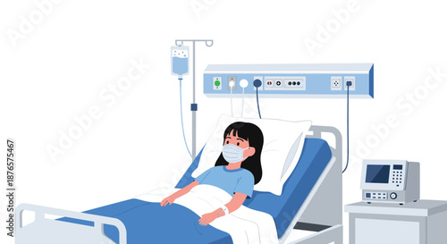 Sick girl wearing a protective face mask lies in a hospital bed with an IV drip and medical monitoring equipment in the background.