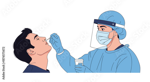 Medical professional in full protective gear performs a nasal swab test on a male patient to screen for viral infections or flu.