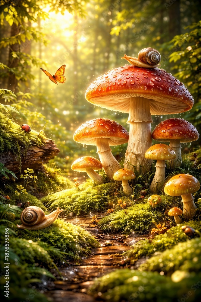 Fototapeta premium 3D semi-realistic deep forest mushroom ecosystem with layered moss, glossy fungi caps, snails, insects, soft realistic shadows, bright green-yellow-amber palette, strong depth layering