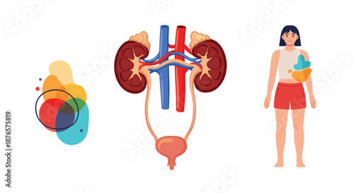Educational diagram shows the human urinary system including kidneys and bladder alongside a silhouette of the human body.