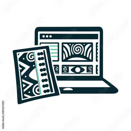 Digital Design with Abstract Ethnic Patterns and Laptop