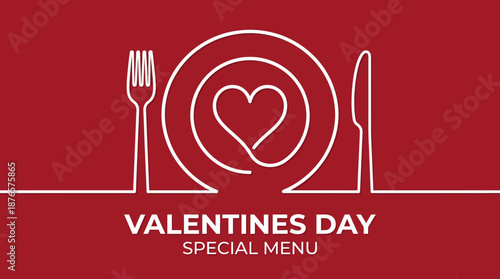 Valentine's Day special menu design featuring a plate with a heart, fork and knife on a red background.