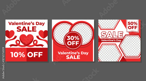 Valentine's Day Sale Banners Featuring 10%, 30%, and 50% Off Discounts for Online Shopping and Gift Promotions