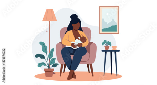 Mother sits in a comfortable armchair and breastfeeds her baby, representing a natural and intimate moment of maternal bonding.