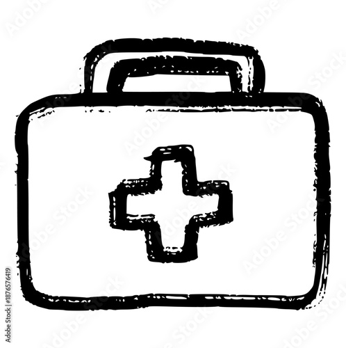Medical first aid kit bag hand drawn crayon, wax crayons, rough texture doodle healthcare element perfect for safety, emergency, health clinic, medical supplies, or hospital icon concept