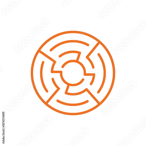 Circular orange maze labyrinth icon on white background, abstract puzzle graphic