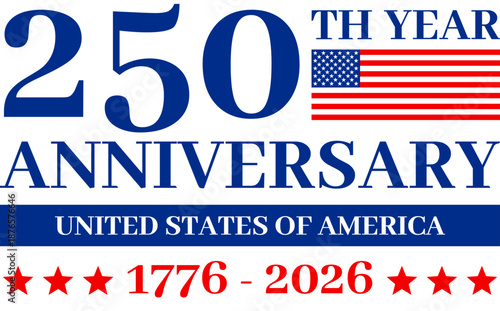 Bold logo for the 250th anniversary of the United States of America, featuring a pristine white background and a small flag. Emblem celebrating the semi-fifth centennial 1776-2026
