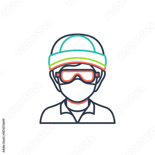 Construction Worker Icon with Safety Gear and Face Mask - Vector Illustration
