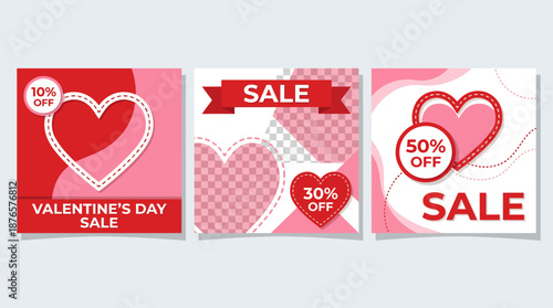 Three Valentine's Day sale banners with heart motifs in red and pink, advertising 10%, 30%, and 50% off discounts.