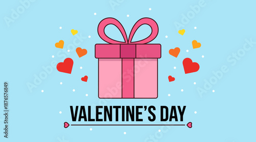 Valentine's Day gift box with pink ribbon on a blue background surrounded by hearts, a romantic gift idea and festive love scene