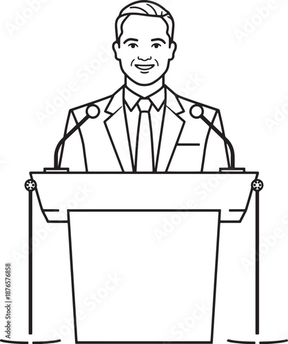 Line art illustration of a man in a suit standing behind a podium with microphones, ready to speak