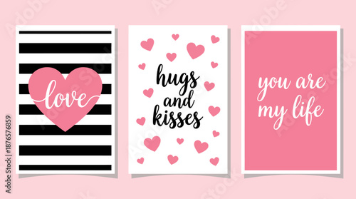 Three pink romantic wall art posters set featuring love, hugs and kisses, and you are my life for chic bedroom or living room decor.