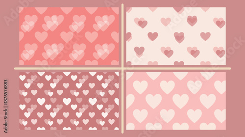 Set of four pink heart pattern cards for Valentine's Day, romance and love themed backgrounds