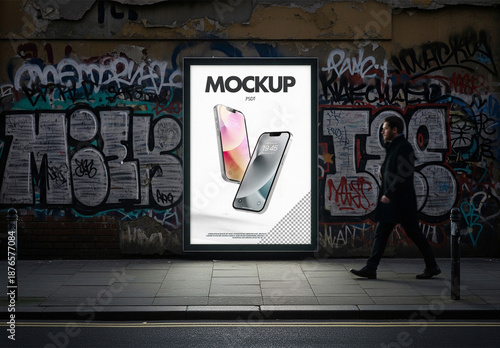 Backlit urban poster frame mockup on city wall