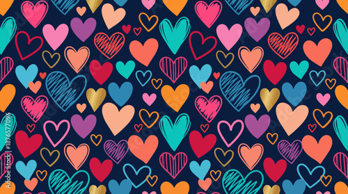 Colorful hand-drawn heart pattern on a dark navy background, seamless Valentine design for textiles, wallpapers, decor, and gift wrap.