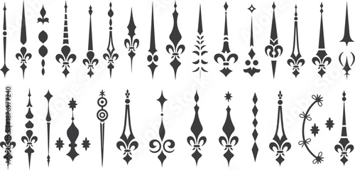Collection of Ornate Vintage Clock Hands and Fleur De Lis Vector Silhouettes Featuring Decorative Antique Timepiece Parts and Gothic Graphic Design Elements for Elegant Branding Projects