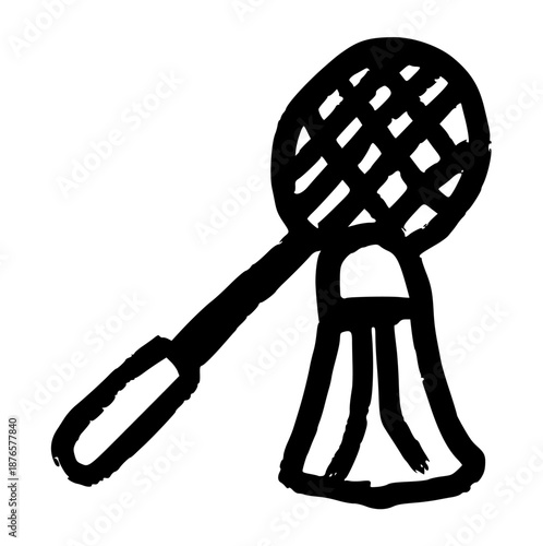 badminton racket and shuttlecock doodle with rough crayon texture, scribble sports equipment icon for competition, athletic hobby element, sketchy vector on white background