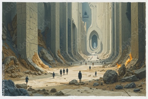 Monumental Concrete Hallway with People Walking in a Desert City
