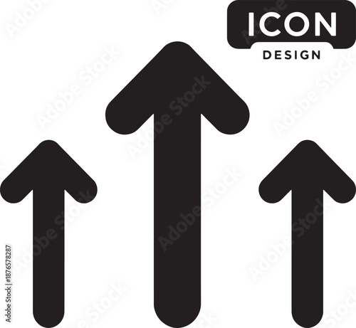 Three black upward pointing arrows of varying sizes on a white background with the words ICONDESIGN Keywords: arrow, up, upward, direction, growth, progress, increase, success