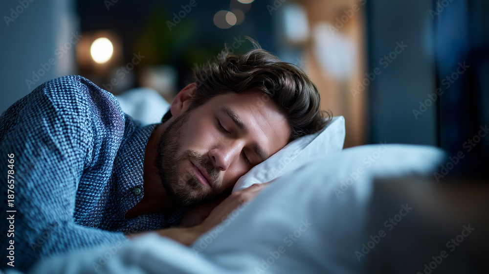 Obraz premium Faceless depressed man suffering from insomnia lying in bed male sleep disorder restless night bedroom struggle mental health sleeplessness anxiety defocused background with